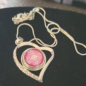 #D Elegant Silver and Pink Heart Pendant Necklace HD Snap Button 18mm